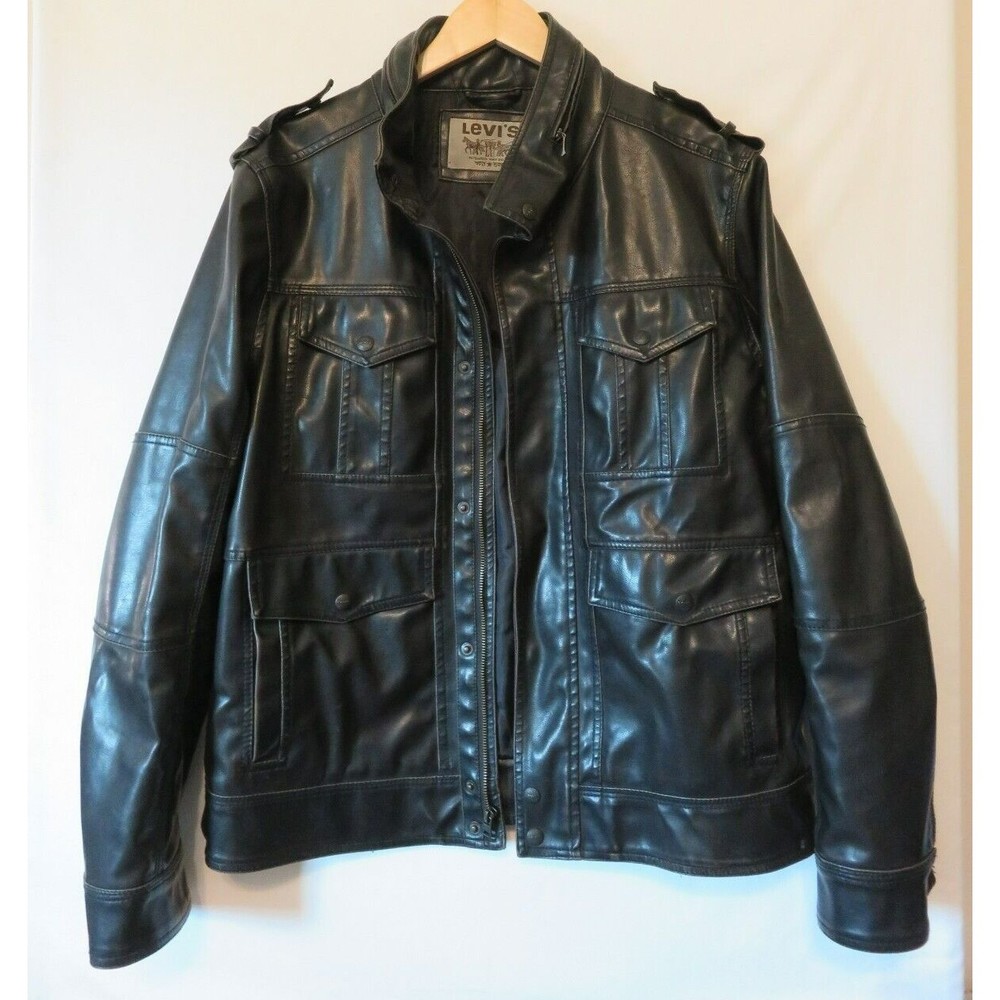 Levi’s Men Faux Leather Jacket Sz M Full Zip Rider Trucker Hooded Motorcycle